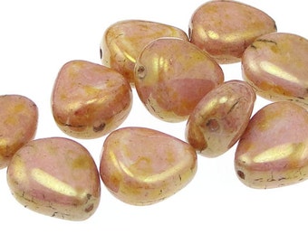 10 Puffed Triangle Nugget Beads 12mm x 11mm Luster Opaque Rose Gold Topaz Beads - Czech Glass Soft Amber Pink Beads for Fall Autumn