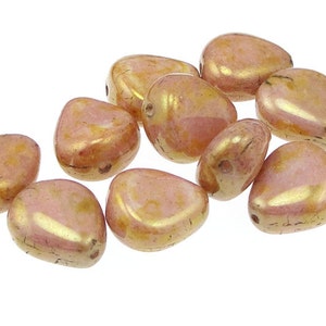 10 Puffed Triangle Nugget Beads 12mm x 11mm Luster Opaque Rose Gold Topaz Beads - Czech Glass Soft Amber Pink Beads for Fall Autumn