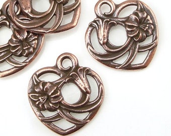 Copper Heart Charm - TierraCast FLORAL HEART Pendant for Valentine's Day - 19mm Antique Copper Charms (P1184)