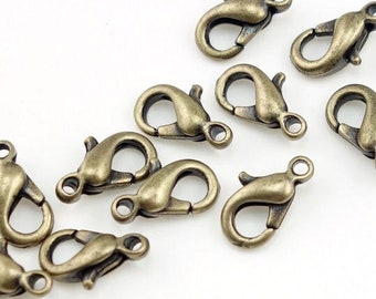 12 Brass Lobster Clasp Findings Plated Antique Brass Clasp 10mm Lobster Claws Bronze Findings Bronze Necklace Clasp Bracelet Clasp (FSAB50)