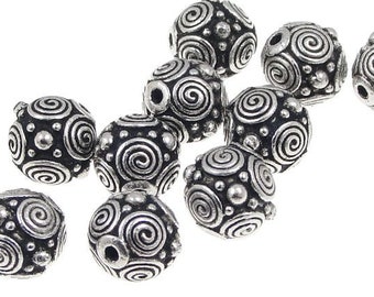 Perles d’argent - Perles de Bali argentées de 8 mm - Points et spirales en étain TierraCast Perles en métal argenté antique - (P289)