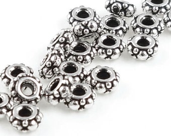 Perles de Bali en argent, petites perles d'espacement turques, perles de bijoux en argent antique, perles Heishi TierraCast, perles rondelles (PS57)