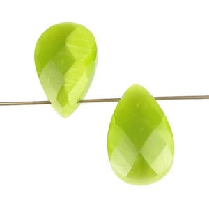 4 Cats Eye Briolette Beads Apple Green Beads Lime Green Beads Fiber Optic Pendant Beads Chartreuse Top Drilled Side Drilled Faceted Teardrop image 1