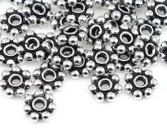 50 Silver Daisy Spacers 5mm Antique Silver Flat Daisy Spacer Beads Heishi Beads Bali Spacers TierraCast  (PS3)