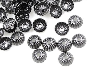 144 Tiny Dark Antique Silver Bead Caps - 5mm Pleated Dome Caps - Matte Silver Beadcaps for Small Beads (FS183)