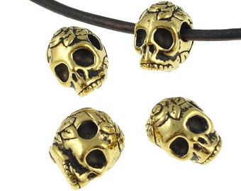 Gold Skull Beads TierraCast Antique Gold Rose Skull Sugar Skull Large Hole Beads for Leather Day of the Dead Dia de los Muertos  94-5715-26