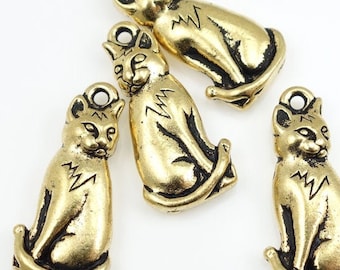 Antique Gold Charms Gold Cat Charms TierraCast Sitting Cat Pendant for Cat Jewelry and Gold Jewelry Kitty Charms for Jewelry Making (P188)