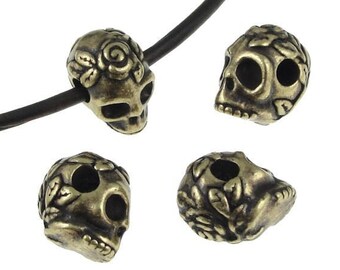 Sugar Skull Beads - Antique Brass Beads - TierraCast Day of the Dead Dia de los Muertos Bronze Beads for Leather Large Hole (PS204A)
