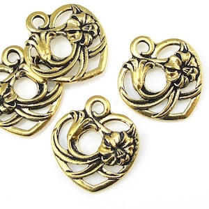 Heart Charm - TierraCast FLORAL HEART Drop - Antique Gold Charm - Valentine&#39;s Day Gold Heart Pendant (P1183)