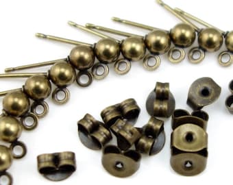 Antique Brass Post Earring Findings 6 Pair of Earrings with Backs Stud Ear Findings Bronze Findings Brass Earrings 4mm Ball Posts  (FSAB62)