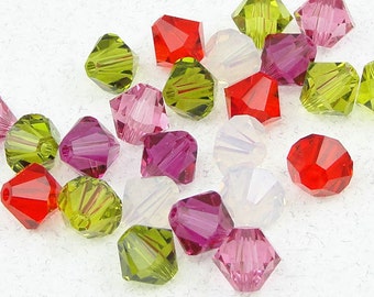 RETRO VALENTINE'S MIX - 6mm Swarovski Bicones - 24 Swarovski Beads - White Olive Green Red Fuchsia Rose Christmas Beads or Valentine's Day