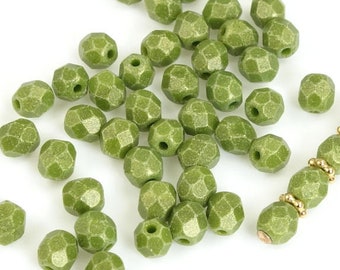 50 4mm Olivine Green Beads - SUEDED GOLD OLIVE Opaque Moss Green with Gold Luster finish - 4mm Faceted Round Czech Glass Beads Firepolish