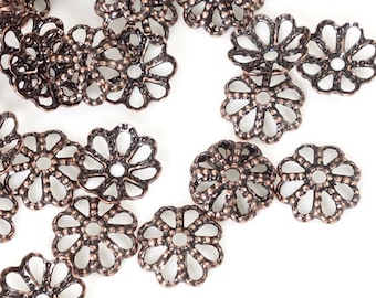 72 Pieces 7mm Filigree Copper Bead Caps - Aged Solid Copper Beads - Antique Copper Beadcaps for Copper Jewelry (FSAC54)