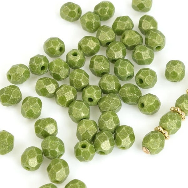 50 4mm Olivine Green Beads - SUEDED GOLD OLIVE Opaque Moss Green with Gold Luster finish - 4mm Faceted Round Czech Glass Beads Firepolish