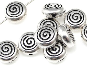 Silver Beads - 7mm Antique Silver Metal Beads - TierraCast Pewter Spiral Beads - Flat Round Silver Swirl Beads  (P293)