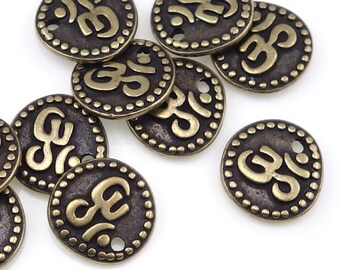 Om Charms 20 Antique Brass Charms TierraCast Om Coin Drops Brass Oxide Bronze Charms Yoga Charms Mindfulness Jewelry Supplies  (P1078)