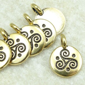 Tiny Celtic Spiral Triskel Antique Gold Pendant TierraCast You Collection Mini Pendant Gold Charm for Yoga Jewelry P1470 image 1