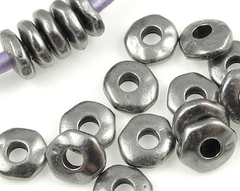 20 Beads for Leather 7mm Nugget Heishi Antique Pewter Dark Silver Beads Heishi Spacer TierraCast Leather Findings Large Hole Beads (PS390)