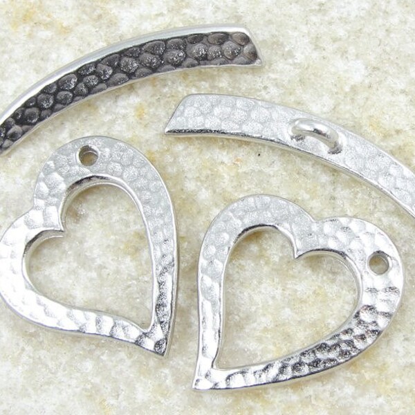 Silver Toggle Clasp Findings Hammertone Heart Large Toggles TierraCast Textured Metal Bright Rhodium Silver Toggle Findings  (PF172)