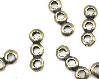 Large Hole Beads 5mm Nugget Heishi 3 Hole Separator Bar Multistrand Spacer Antique Brass Oxide Bronze TierraCast Leather Findings (PS403)