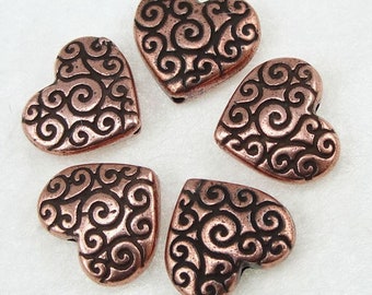 Copper Heart Beads Puffed Heart Copper Beads TierraCast HEART SCROLL Beads Antique Copper Beads Tierra Cast Pewter  (P473)