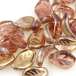 Pink Leaf Beads 25 14mm x 9mm Czech Glass Leaves Rosaline Light Pink Bronze Fall Beads Autumn Light Marsala Golden Dusty Rose Leaf Briolette