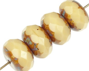 4 Jablonex 14mm x 9mm Czech Glass Rondelle Beads - Opaque Bone Picasso Jablonex Puffy Donut Beads Light Brown Beads Cream Beige Beads