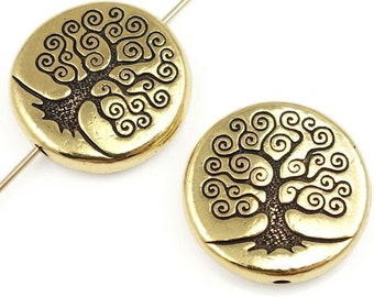 Antique Gold Tree of Life Beads - TierraCast Puffed Tree Gold Beads for Nature Jewelry or Yoga Meditation Jewelry - 2 or more (P2483)