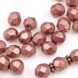 25 6mm Pink Beads Fire Polish Czech Glass Beads METALLIC BLOOMING DAHLIA Vintage Rose Pink Jewelry Beads 6mm Round Faceted Czech Beads image 1