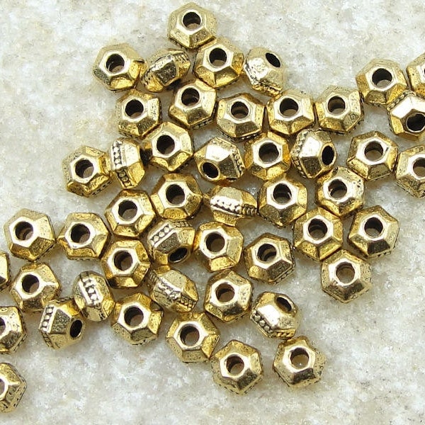 50 Gold Beads 3mm TierraCast FACETED BICONE Heishi Spacer Beads - Antique Gold Metal Beads (PS88)