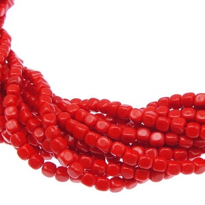 100 4mm Cube Beads OPAQUE RED Bright Candy Apple Red Christmas Red Czech Glass Beads Czech Beads String of 100 4mm Beads image 1