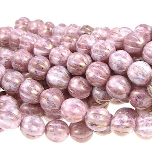 Light Pink Beads 8mm Pumpkin Beads Czech Glass Melon Beads Raspberry Swirl Light Rose Luster Beads 8mm Round Beads Pressed Glass image 1