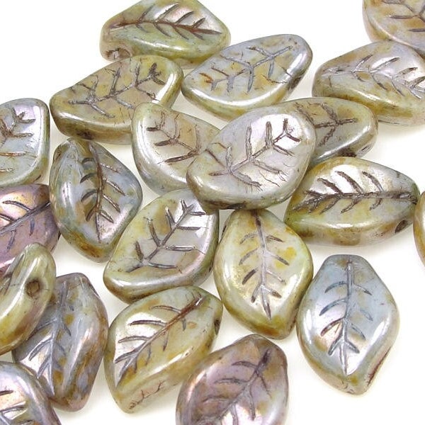 25 Leaf Beads - 14mm x 9mm Czech LUSTER OPAQUE GREEN Glass Leaves - Earthy Blue Sage Green Golden Pressed Glass Beads Autumn Fall Briolette