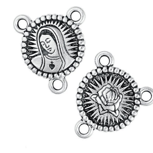 Our Lady Links - Antique Silver Rosary Stations - TierraCast Pewter Silver Links Rosary Findings - Mary And Rose (PF374)