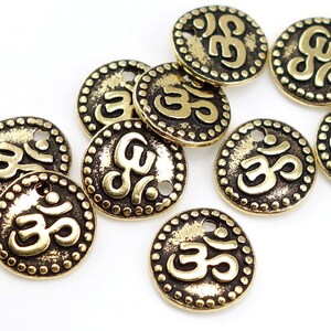 Small Om Charms Gold Charms 11mm Antique Gold Om Coin Charm TierraCast Yoga Charms Mindfulness Meditation Zen Buddhism Buddhist P362 image 2