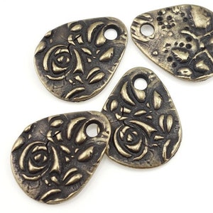 Antique Brass Charms Brass Rose Bud and Leaves Bronze Charms TierraCast SMALL FLORA TEARDROP Charms Bohemian Charms for Jewelry Making p1382 image 1