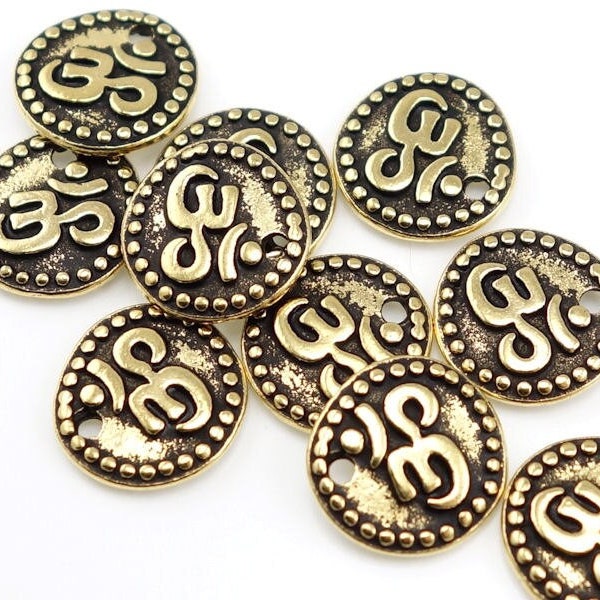 Small Om Charms Gold Charms 11mm Antique Gold Om Coin Charm TierraCast Yoga Charms Mindfulness Meditation Zen Buddhism Buddhist (P362)