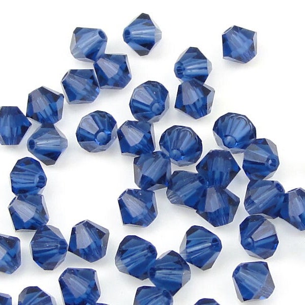 48 DARK SAPPHIRE BLUE 4mm Bicones 5301 5328 Swarovski Crystal Beads - Rich Deep Dark Blue Beads