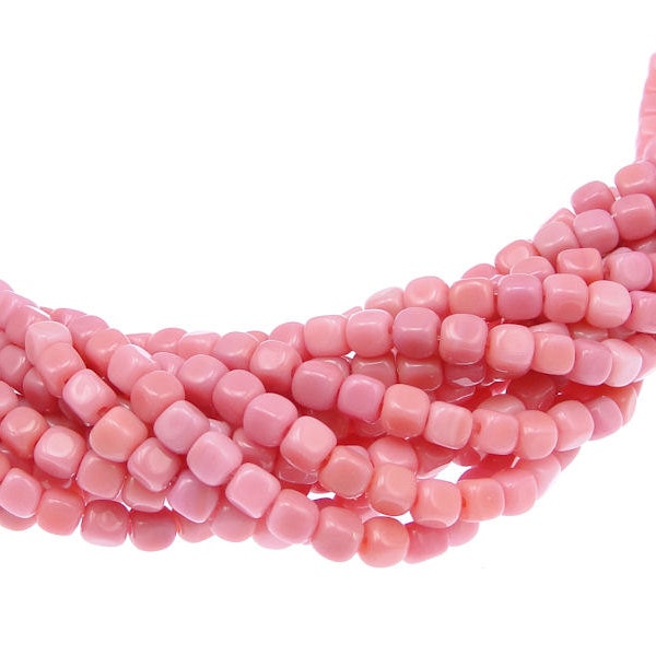 100 4mm Cube Beads OPAQUE PINK Light Pink Beads Rose Pink Czech Glass Beads - Czech Beads - String of 100 4mm Beads