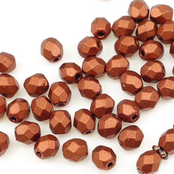 50 4mm Czech Glass Beads - Matte METALLIC ANTIQUE COPPER Beads - Dark Red Copper Brown Beads for Jewelry Making Tiny Firepolish Fire Polish