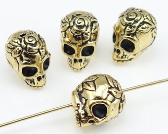 Sugar Skull Beads - Antique Gold Beads - TierraCast ROSE SKULL Beads - Day of the Dead - Dia de los Muertos  (P932)