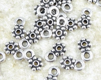 100 Flat Daisy Heishi Beads with Loop - Charm Bracelet Supplies - Antique Silver TierraCast 5mm Beaded Charm Loop Spacers (PS190)
