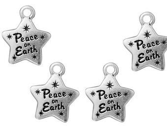 Peace On Earth Charms - Antique Silver Charms TierraCast Christmas Past Collection - Silver Peace Star Charms (P1169)