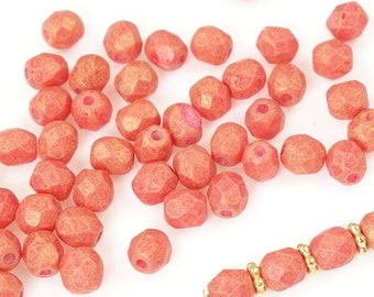 50 4mm Coral Color Beads - 4mm Beads Faceted Firepolish Fire Polish Beads - PACIFICA STRAWBERRY Rose Peach Pink Beads Czech Glass
