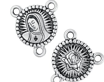 Our Lady Links - Antique Silver Rosary Stations - TierraCast Pewter Silver Links Rosary Findings - Mary And Rose (PF374)