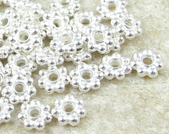 50 Silver Daisy Beads 5mm Beaded Bali Beads - Bright Silver Beads by TierraCast Pewter - Flat Daisy Spacer Heishi Beads - Metal Beads (PS9)