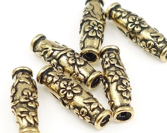 Antique Gold Beads Gold Flower Barrel Beads TierraCast Wildrose Tube Beads for Summer Spring Flower Jewelry Beads for Jewelry Making  (P146)