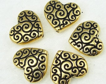 TierraCast HEART SCROLL Bead - Antique Gold Beads - Tierra Cast Puffed Puffy Heart Beads (P466)