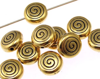 Gold Beads - 7mm Antique Gold Metal Beads - TierraCast Pewter Spiral Beads - Flat Round Gold Swirl Beads  (P294)