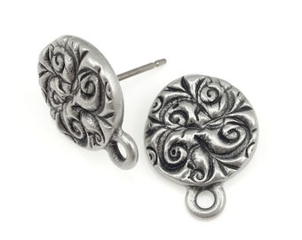 Dark Antique Silver Earring Posts TierraCast JARDIN Post Earring Findings Antique Pewter Fancy Ear Findings Bohemian Earring Studs (P1414)